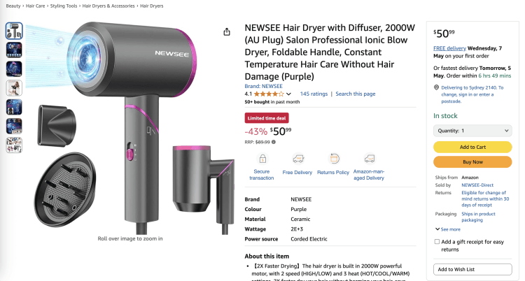 Amazon: NEWSEE Hair Dryer with Diffuser – 43% Off, now $50.99